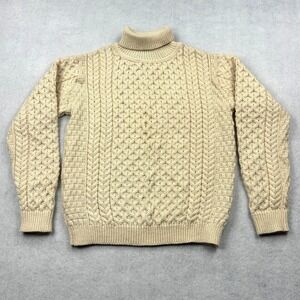 Inis Crafts Sweater Womens Large Cream Merino Wool Aran Cable Knit Turtleneck